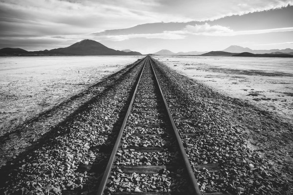 Stock placeholder image with grayscale geometrical mountain landscape